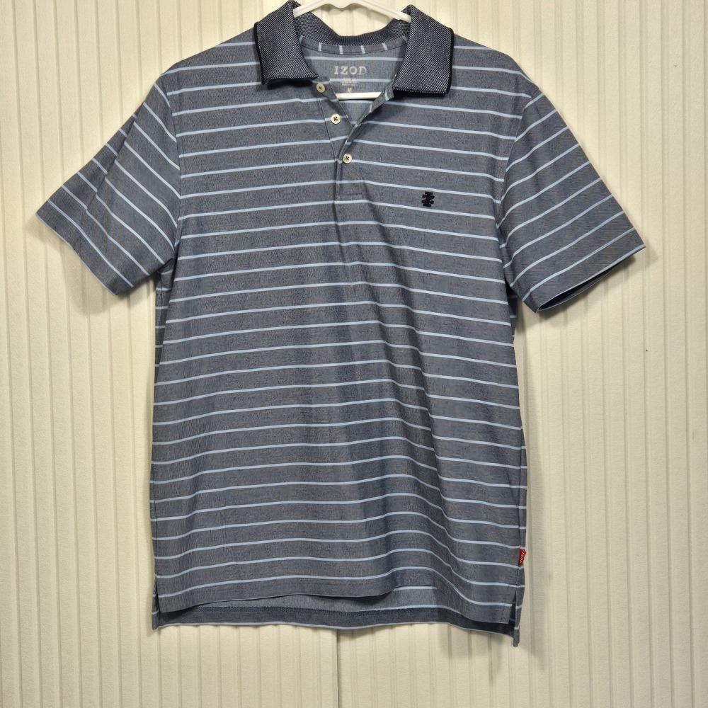 IZOD Mens Blue‎ Striped Short Sleeve Polo Shirt Medium 45SK168 Golf Casual
